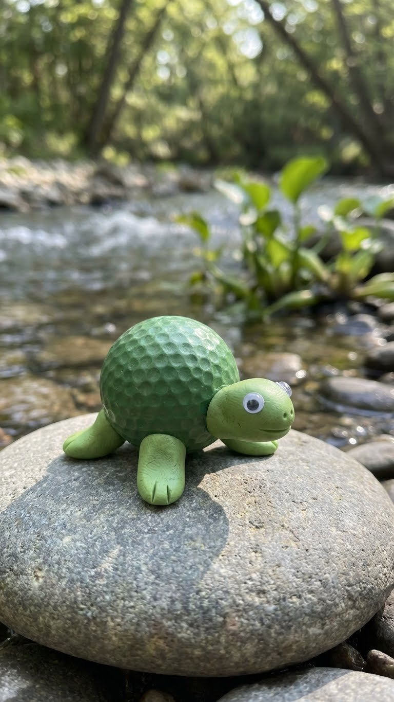 9 Cute Golf Ball Animals: Easy Diy Crafts For Beginners A Hyperrealistic Golf Ball Turtle With A Green Textured Shell And Googly Eyes Rests On A Smooth River Stone In A Natural Stream Setting.