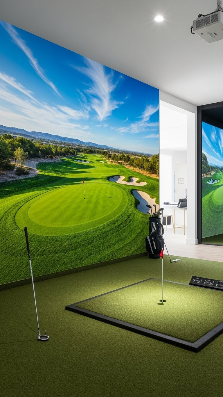 A Hyperrealistic Golf Course Wall Mural With Lush Greens And Blue Skies Creates An Immersive Experience In A Modern Golf Simulator Room.