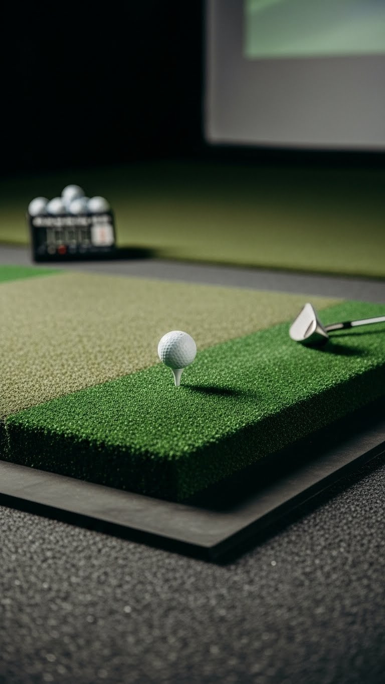 A Lush Green Premium Golf Hitting Mat With Realistic Turf Texture And A Golf Ball Awaits Play In A Home Golf Simulator Setup.