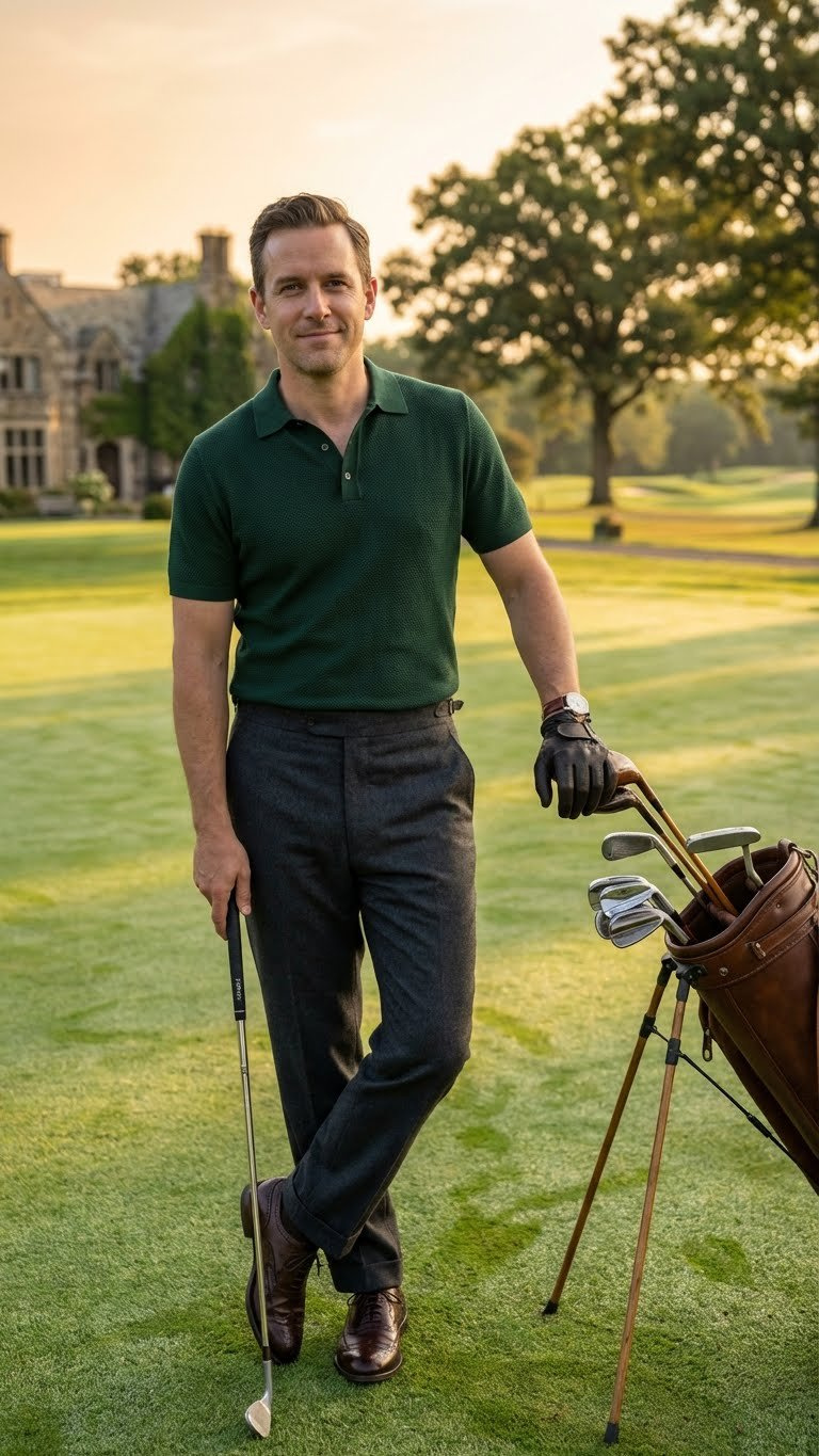 A Male Golfer In A Sophisticated Tailored Polo And Trousers With Luxury Golf Shoes Stands On A Manicured Putting Green.