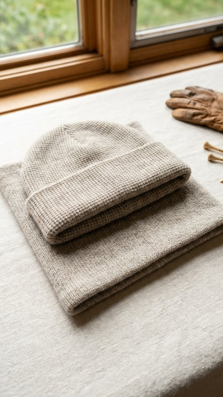 Golfing Outfits Men Winter: Proven Guide To Stay Warm &Amp; Play A Neutral-Colored Thermal Golf Beanie And Matching Neck Gaiter In A Soft Merino Wool Blend, Shown In A Top-Down Flat Lay.