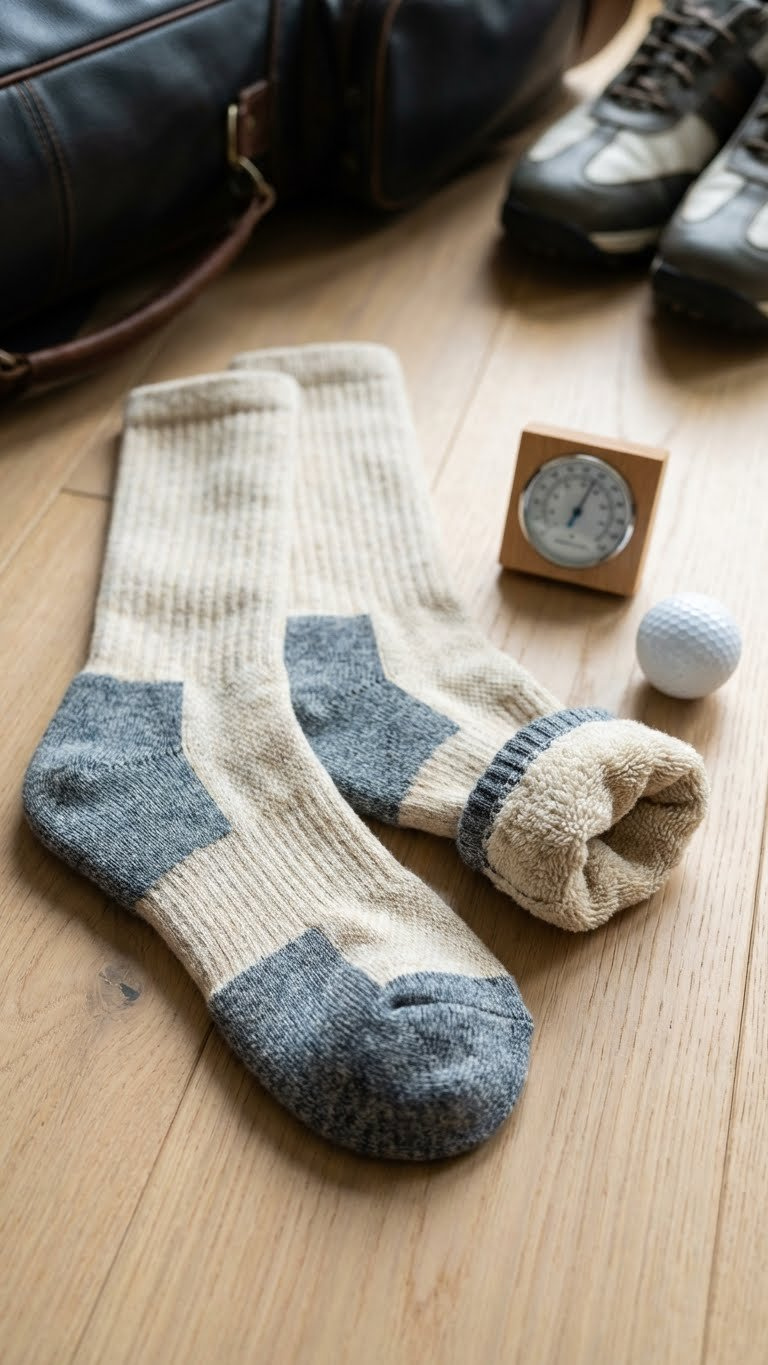 Golfing Outfits Men Winter: Proven Guide To Stay Warm &Amp; Play A Pair Of Cushioned Thermal Winter Golf Socks For Men, Rolled Down To Show The Reinforced Heel And Seamless Toe Design.