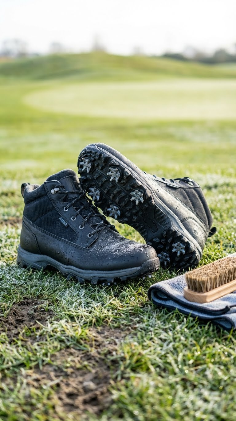 Golfing Outfits Men Winter: Proven Guide To Stay Warm &Amp; Play A Pair Of Insulated And Waterproof Men'S Spiked Winter Golf Shoes Covered In Light Frost On A Dewy Patch Of Course Grass.