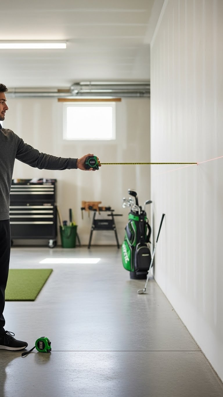 A Person Precisely Measures A Modern Garage For A Home Golf Simulator Setup Using A Laser Tape, Showcasing Concrete Floors And Exposed Walls.