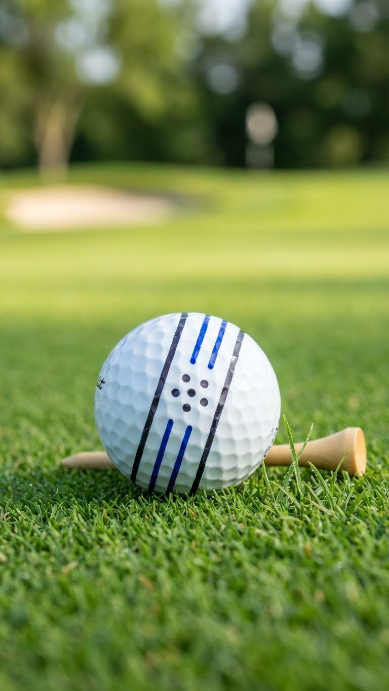 A Personalized White Golf Ball With Crisp Black And Blue Sharpie Stripes And Dots For Easy Identification On A Golf Course Green.