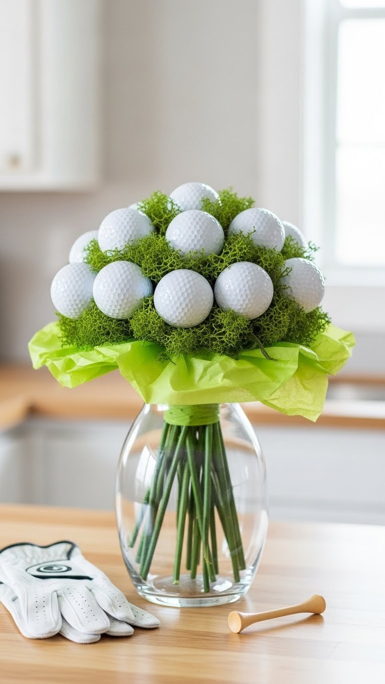 A Pristine Golf Ball Bouquet In A Clear Glass Vase With White Balls On Green Stems And Moss, On A Wood Counter With A Golf Tee.