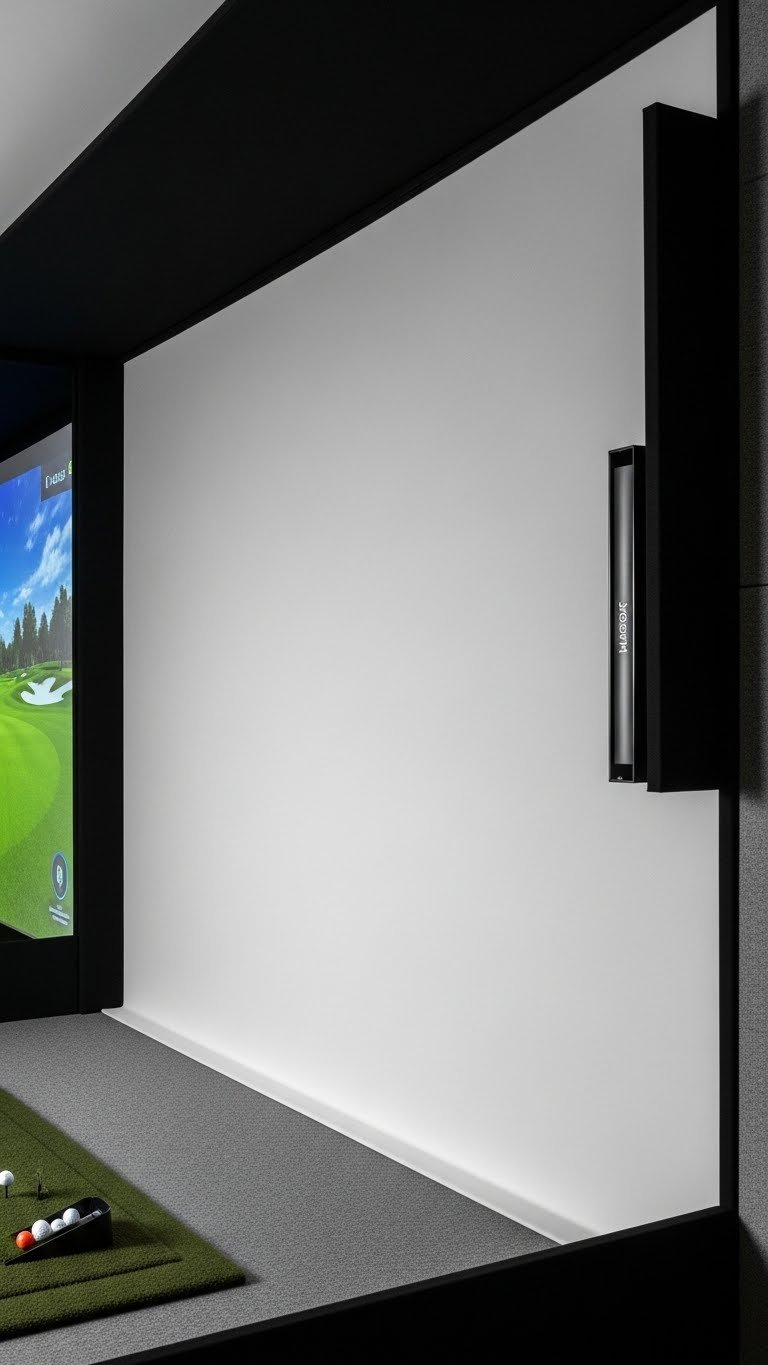 A Pristine White Golf Impact Screen Displays A Vibrant Projected Golf Course, Securely Framed For An Immersive Home Golf Simulator.