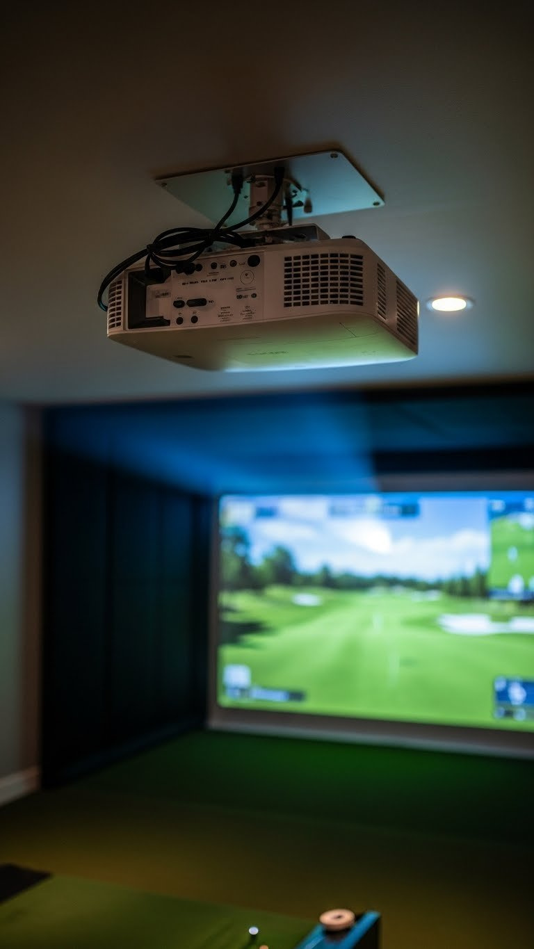 A Sleek, Ceiling-Mounted Golf Simulator Projector Casts A Vibrant Golf Course Onto An Impact Screen, Vital For Home Golf Simulation.