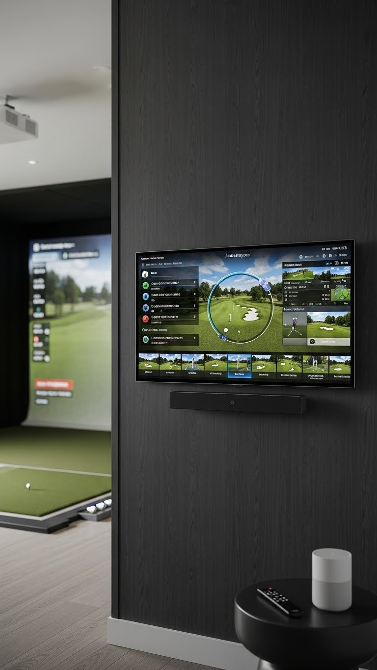 A Sleek, Integrated Interactive Digital Display On A Golf Simulator Room Wall Showcases Swing Analysis Data And Famous Golf Courses.
