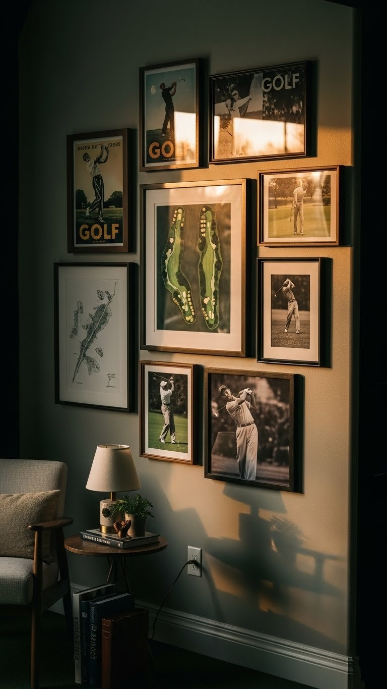A Stylish Gallery Wall In A Golf Simulator Room Features Framed Golf-Themed Artwork, Vintage Ads, And Legendary Golfer Photos.