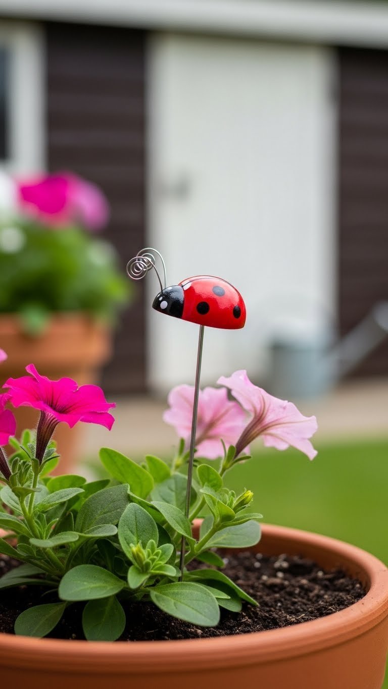 A Vibrant Red Golf Ball Ladybug Plant Pick With Wire Antennae Adorns A Terracotta Pot Of Colorful Petunias, Enhancing Patio Decor.