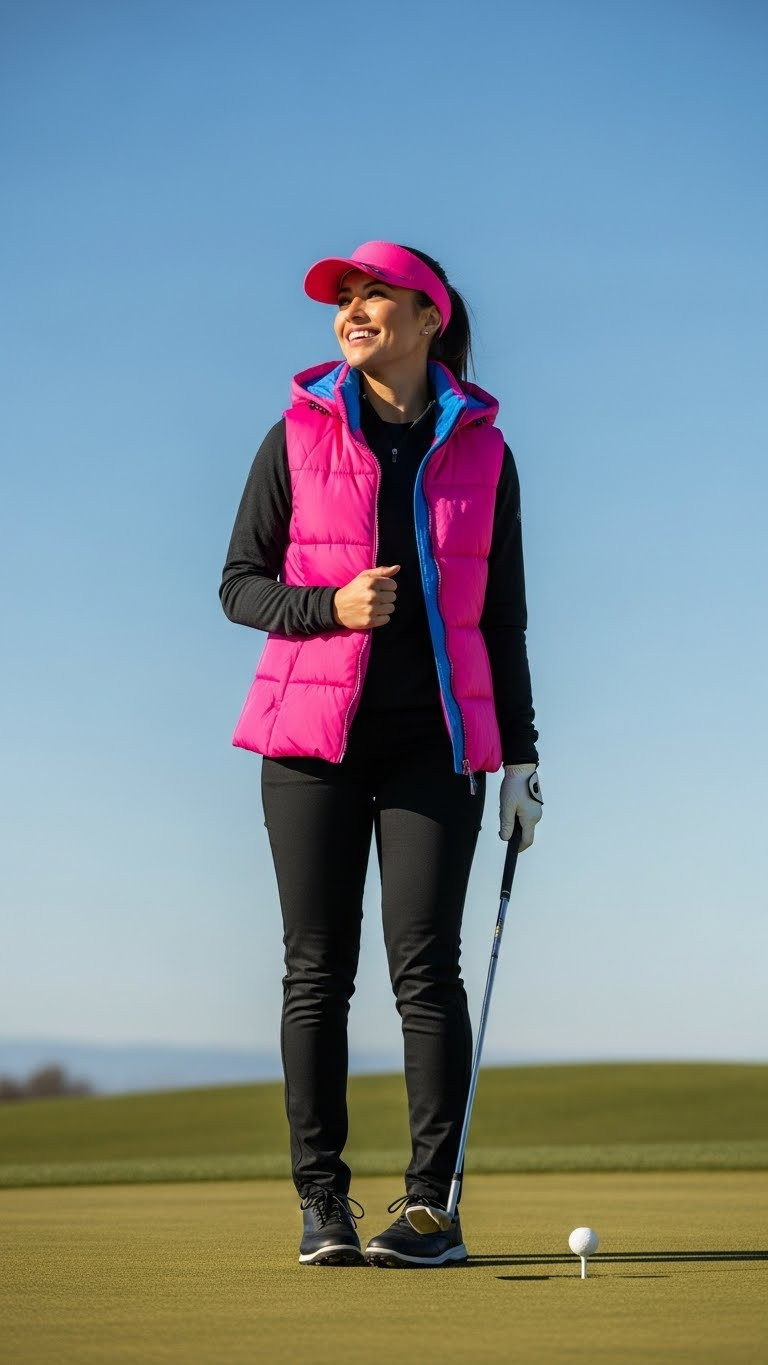 11 Golfing Outfits For Women Winter That Are Stylish And Warm A Vibrant Woman Golfer In A Bright Puffer Vest On A Winter Tee Box