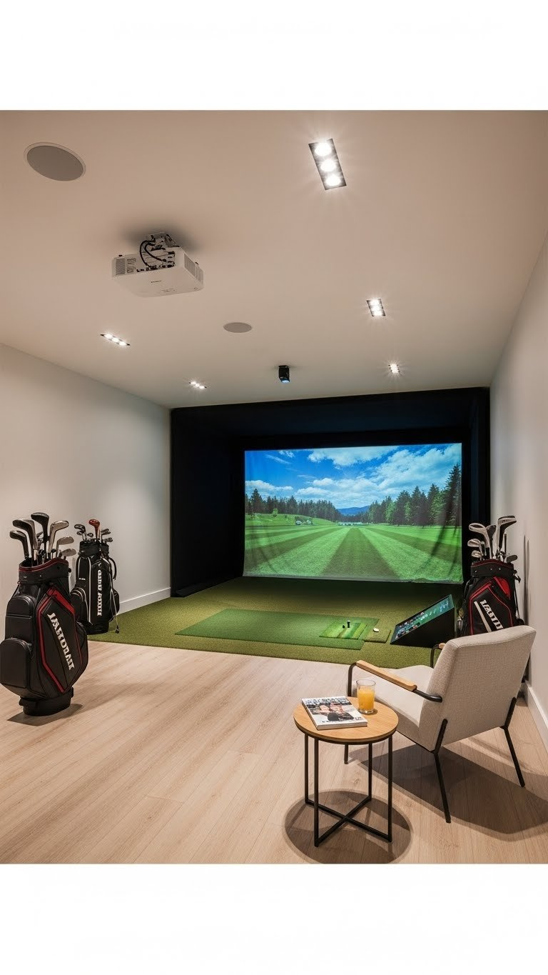 A Well-Lit Modern Home Golf Simulator Room, Featuring Led Strips And Recessed Lights, Enhances The Bright Golf Course Projection.