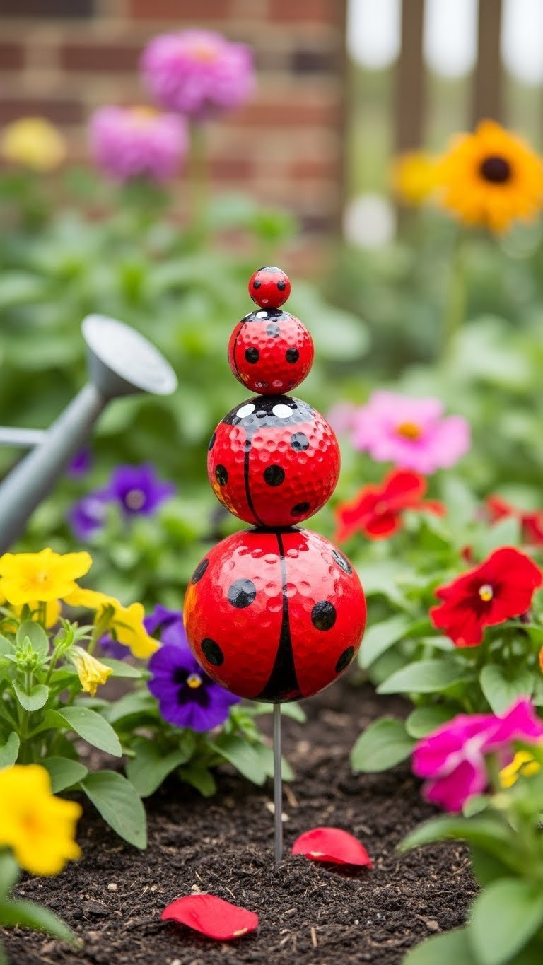 A Whimsical Stacked Golf Ball Ladybug Totem Pole Adorns A Vibrant Flower Bed With Colorful Blooms, An Eye-Catching Garden Art.