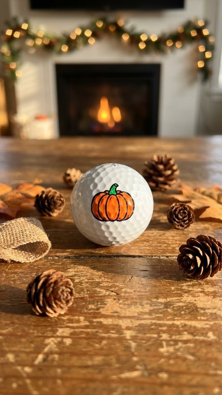 A White Golf Ball Features A Charming Sharpie Holiday Design On A Rustic Wooden Table With Festive Elements.