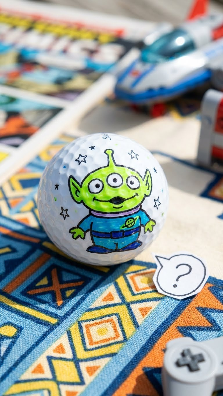 A White Golf Ball Features A Vibrant Sharpie Pop Culture Character Design On A Colorful Cloth With Blurred Props.