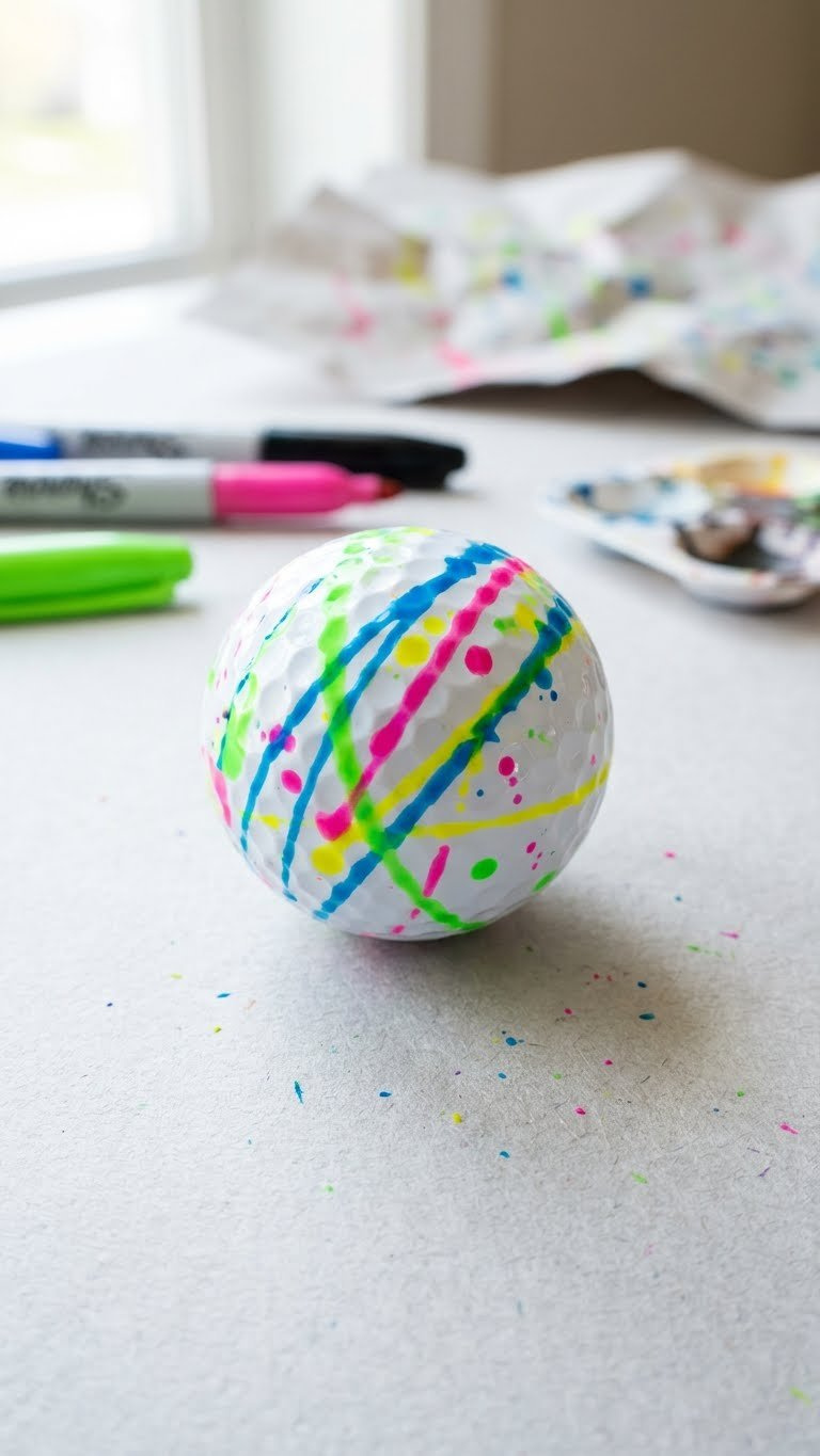 A White Golf Ball Showcases Vibrant Sharpie Splatter Art In Neon Colors On A Minimalist Surface With Blurred Art Supplies.