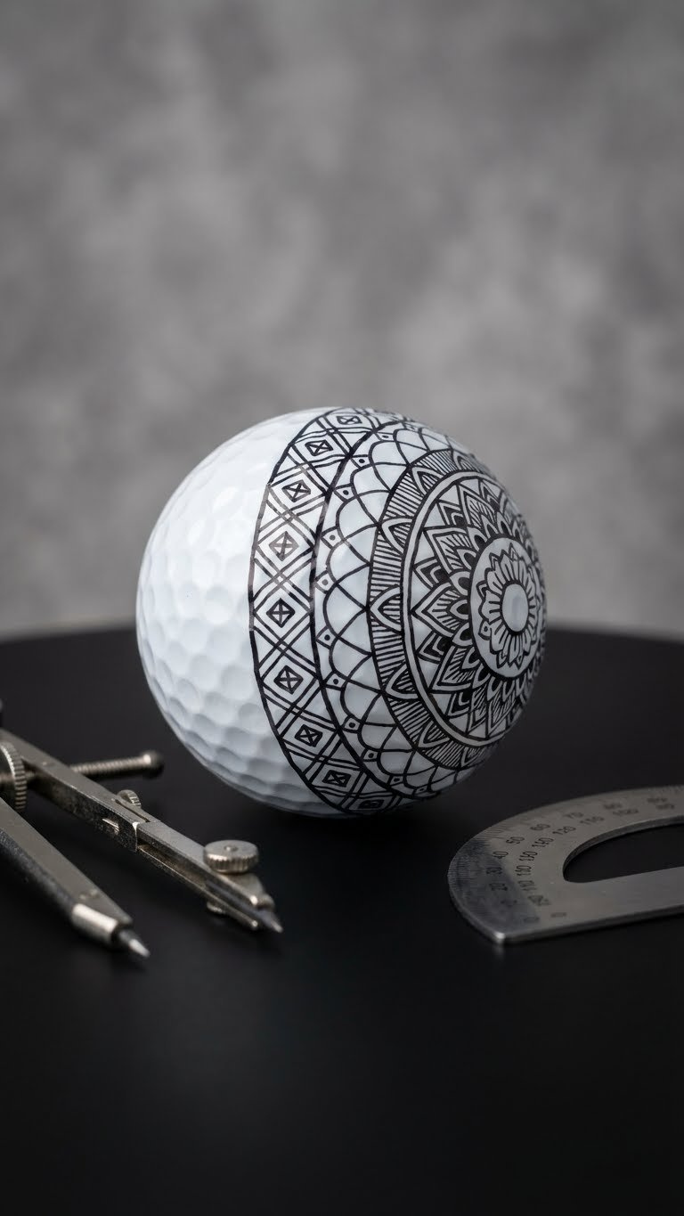 A White Golf Ball With Precise Black Sharpie Geometric Patterns And A Partial Mandala Sits On A Matte Black Surface.
