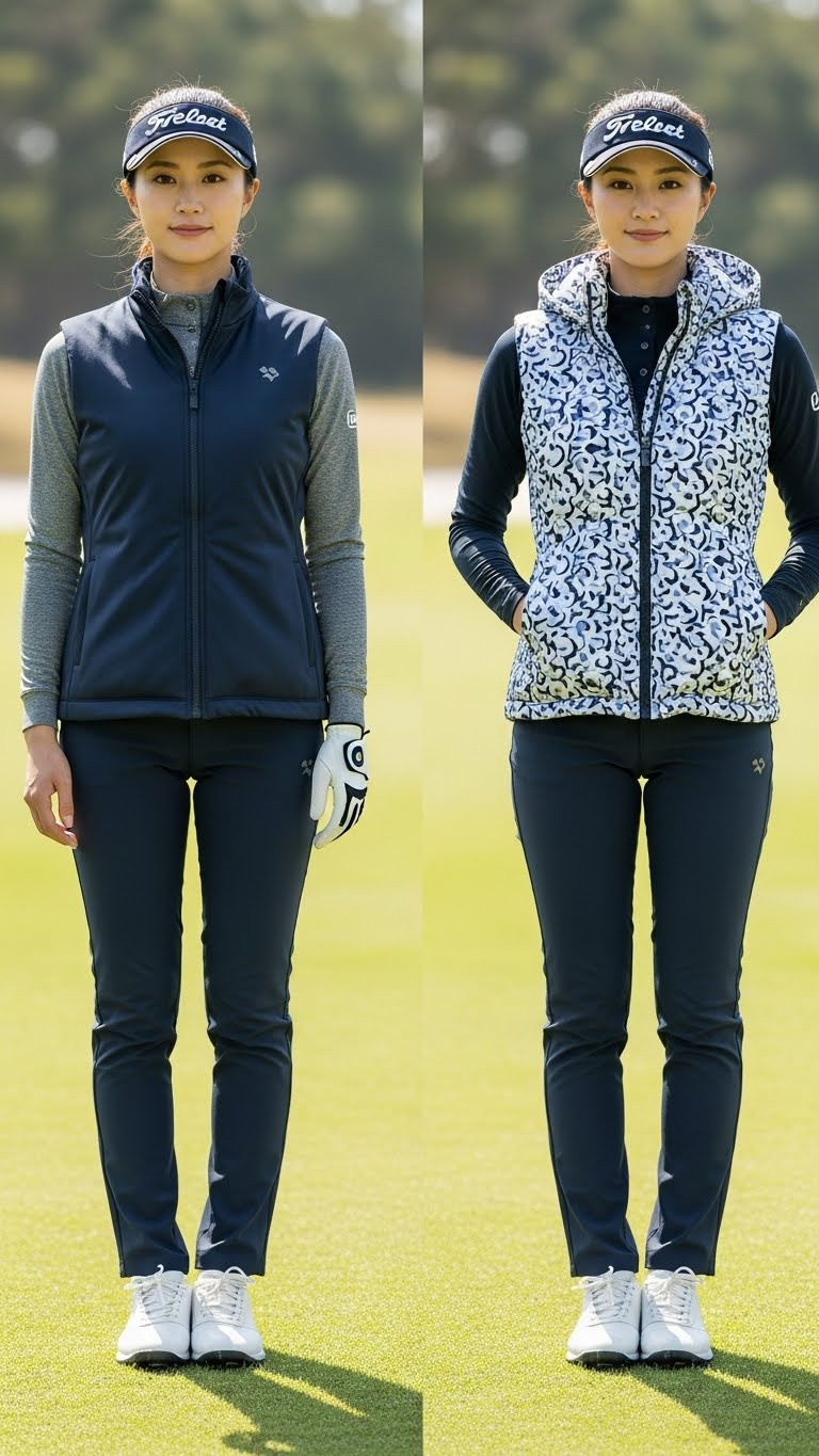 11 Golfing Outfits For Women Winter That Are Stylish And Warm A Woman Demonstrating A Reversible Navy And Patterned Golf Vest In A Diptych Photo