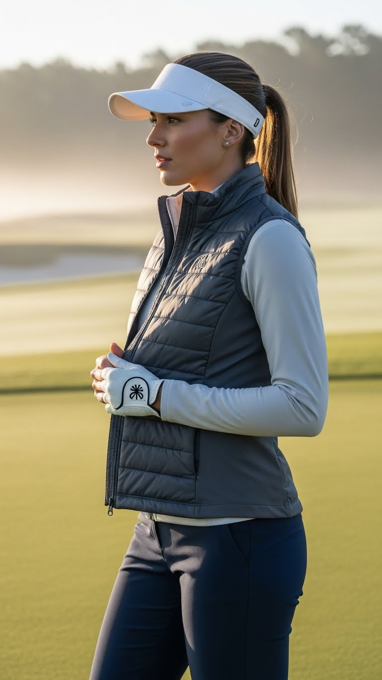 11 Golfing Outfits For Women Winter That Are Stylish And Warm A Woman Golfer In A Layered Jacket And Vest On A Misty Morning Golf Course