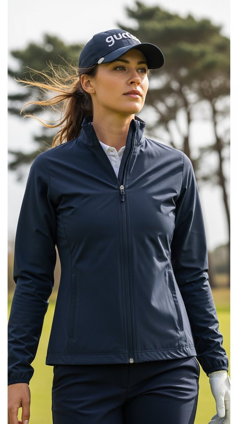 11 Golfing Outfits For Women Winter That Are Stylish And Warm A Woman Golfer In A Windproof Shell Jacket On A Windy Golf Course