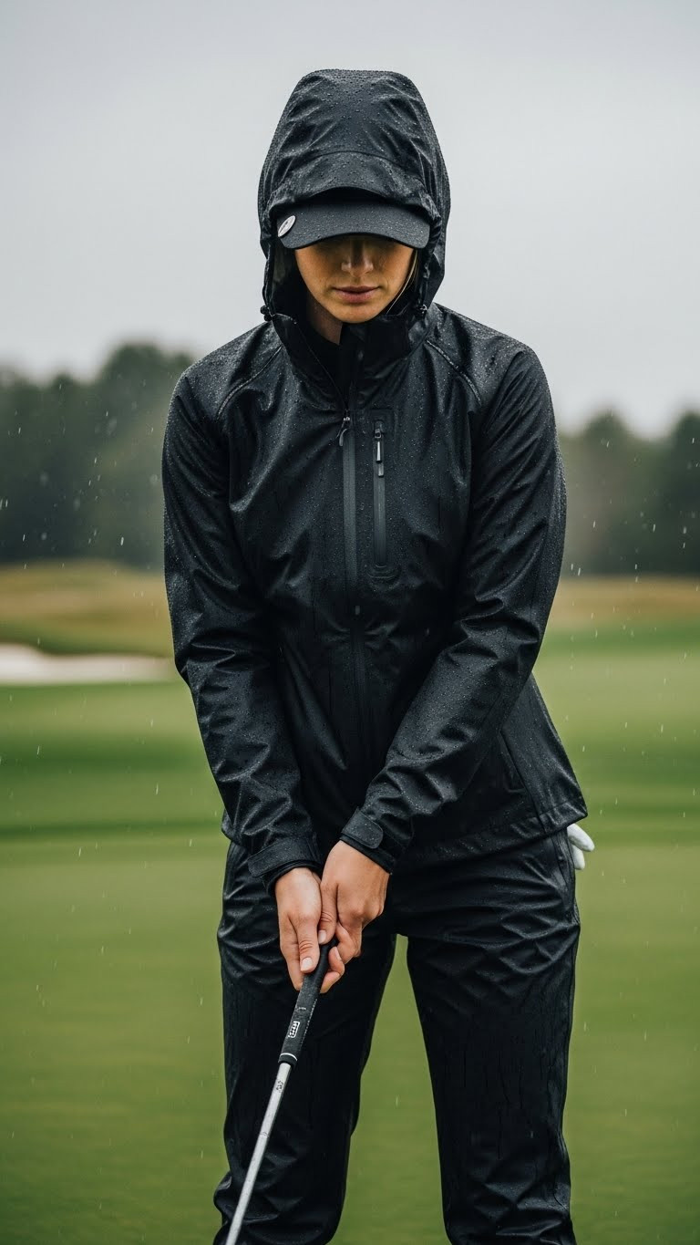 11 Chic Golfing Outfits For Women Fall You Need To See A Woman In A Black Waterproof Jacket And Pants Putting On A Rainy Golf Course