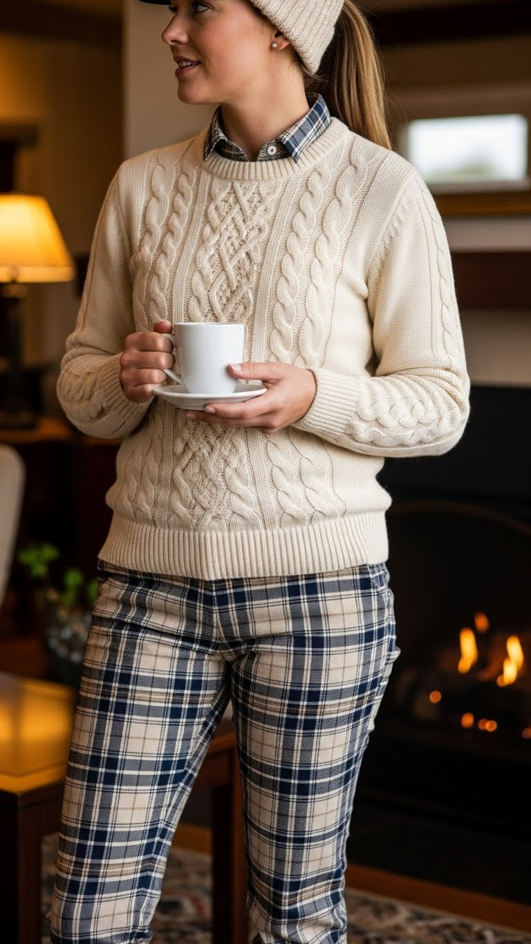 11 Chic Golfing Outfits For Women Fall You Need To See A Woman In A Cream Cable Knit Sweater And Plaid Trousers In A Golf Clubhouse