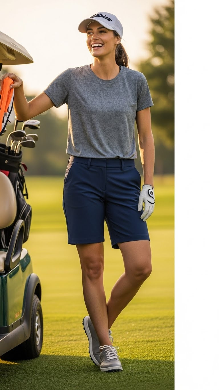 7 Effortless Golfing Outfits For Women This Summer A Woman In A Gray Tshirt And Navy Golf Shorts Leaning On A Golf Cart