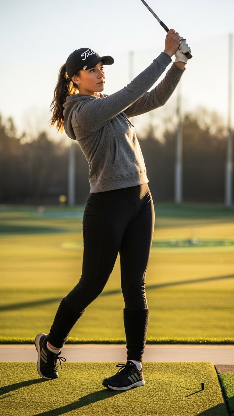 11 Golfing Outfits For Women Winter That Are Stylish And Warm A Woman In A Grey Hoodie And Black Leggings Swinging A Club At Winter Driving Range