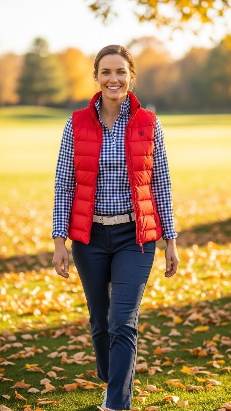 11 Chic Golfing Outfits For Women Fall You Need To See A Woman In A Red Puffer Vest And Gingham Shirt Walking Through Autumn Leaves On A Golf Course