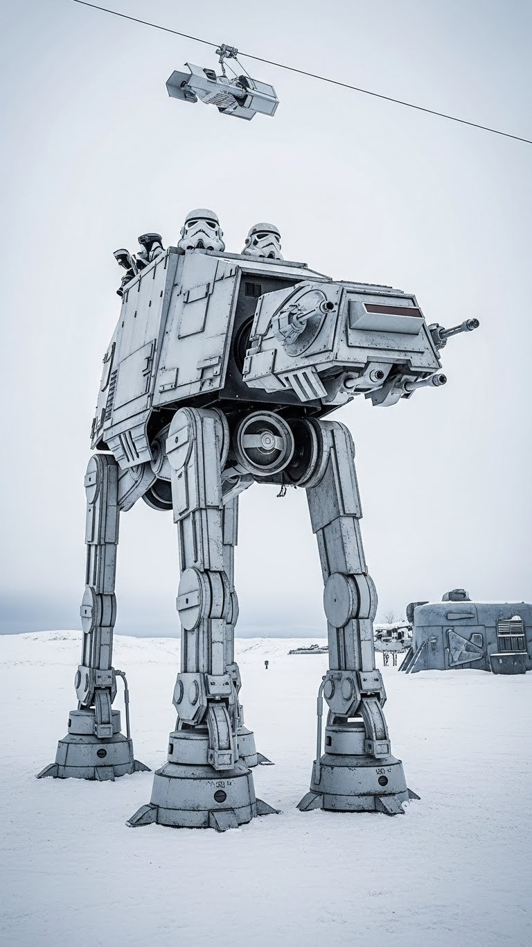 At-At Walker Golf Cart With Four-Legged Silhouette And Detailed Head Section In Snowy Hoth Landscape Setting