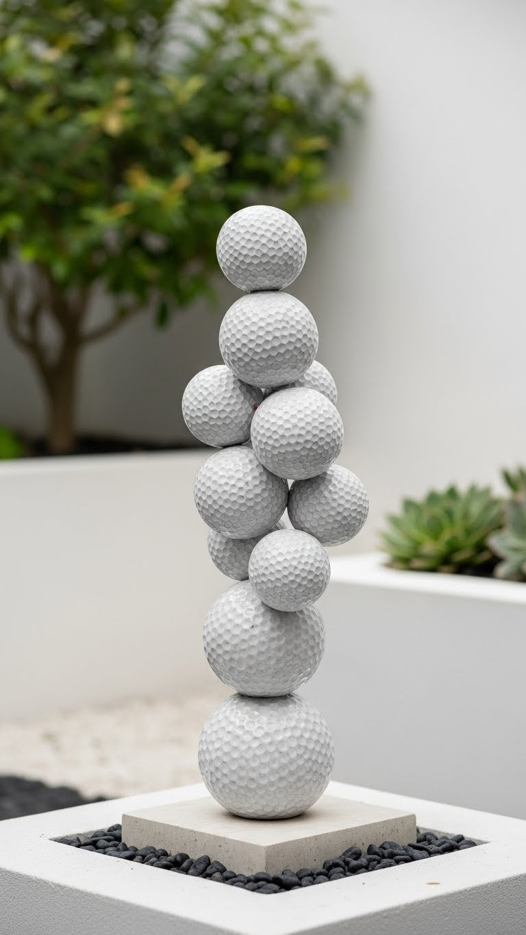 Abstract Golf Ball Sculpture Stacked Geometrically On Stone Pedestal In Minimalist Garden Setting