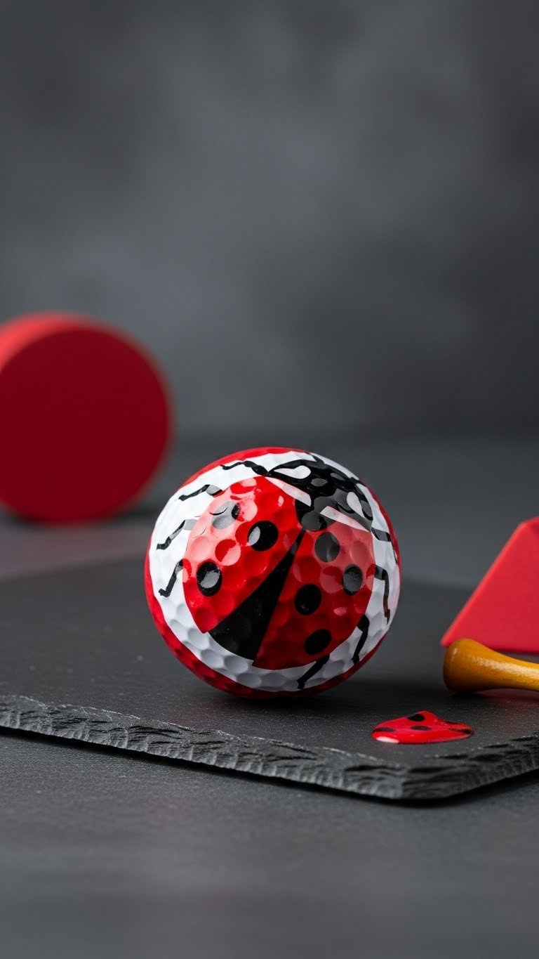 Abstract Ladybug Golf Ball Design With Geometric Red And Black Patterns On Dark Minimalist Surface Background.