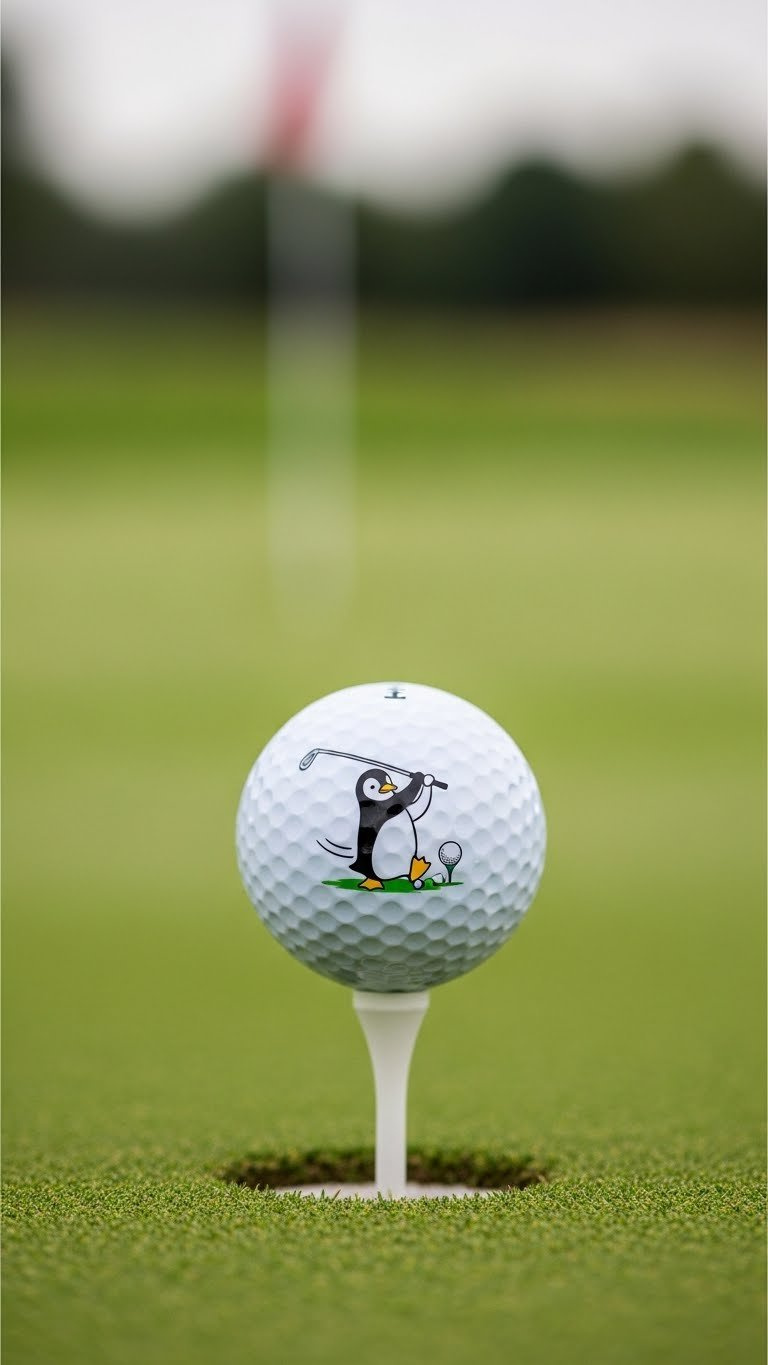 Action Golf Club Penguin Sharpie Design Golf Ball Swinging Club On Green Putting Surface