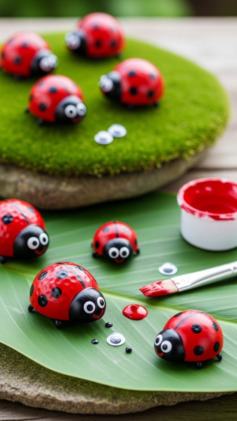 Adorable Diy Golf Ball Ladybugs With Red Bodies, Black Spots, And Googly Eyes Sit On A Green Leaf In A Bright Garden Setting.