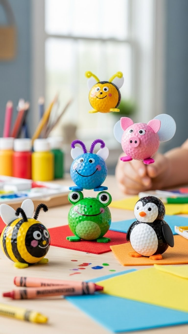 Golf Ball Upcycle: 11 Stunning Crafts &Amp; Garden Projects Adorable Golf Ball Animal Figurines Including Bumblebee And Frog Arranged On Colorful Playmat With Craft Supplies.