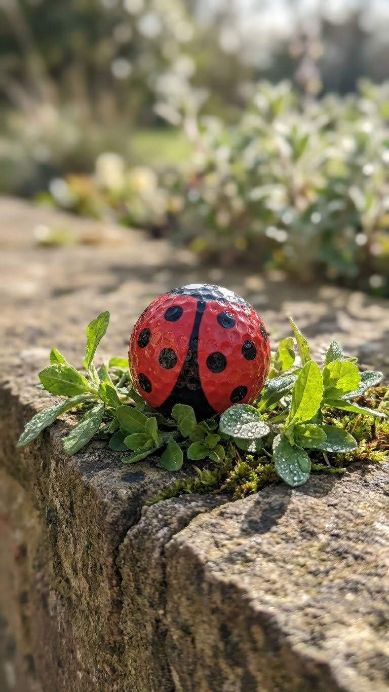 Essential Golf Ball Crafts: 13 Birthday Gifts That Impress Adorable Golf Ball Ladybug Figurine With Vibrant Red And Black Spots Rests On Green Leaves In A Sunny Garden Setting.