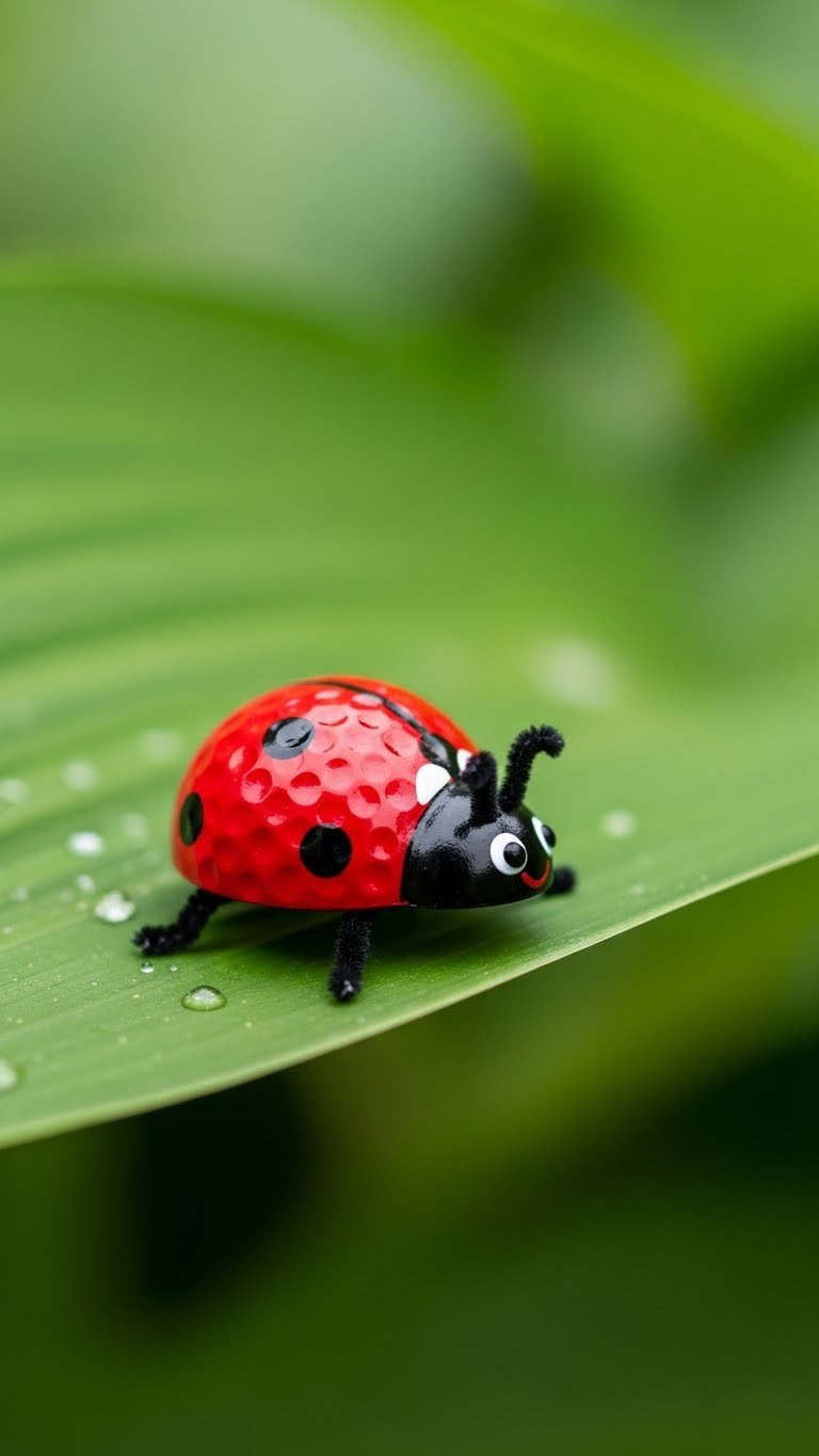 Adorable Golf Ball Ladybug With Red Painted Body And Black Spots Perched Naturally On Vibrant Green Garden Leaf.