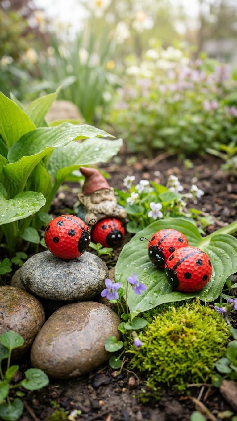 Diy Golf Ball Garden Art: 7 Easy &Amp; Unique Projects For Your Yard Adorable Golf Ball Ladybugs With Red And Black Spots Nestled Among Green Leaves, Stones, And A Garden Gnome In A Blurred Garden.