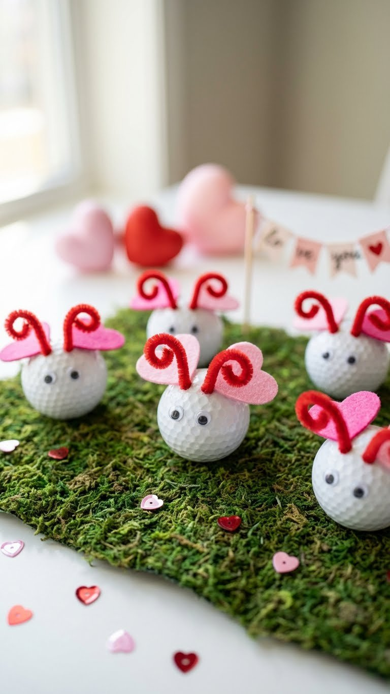 Golf Ball Crafts Valentines: 7 Sweet Diy Gift Ideas Adorable Golf Ball Love Bugs With Googly Eyes, Felt Antennae, And Heart Wings Sit On Green Turf With Blurred Valentine'S Hearts And Sequins.