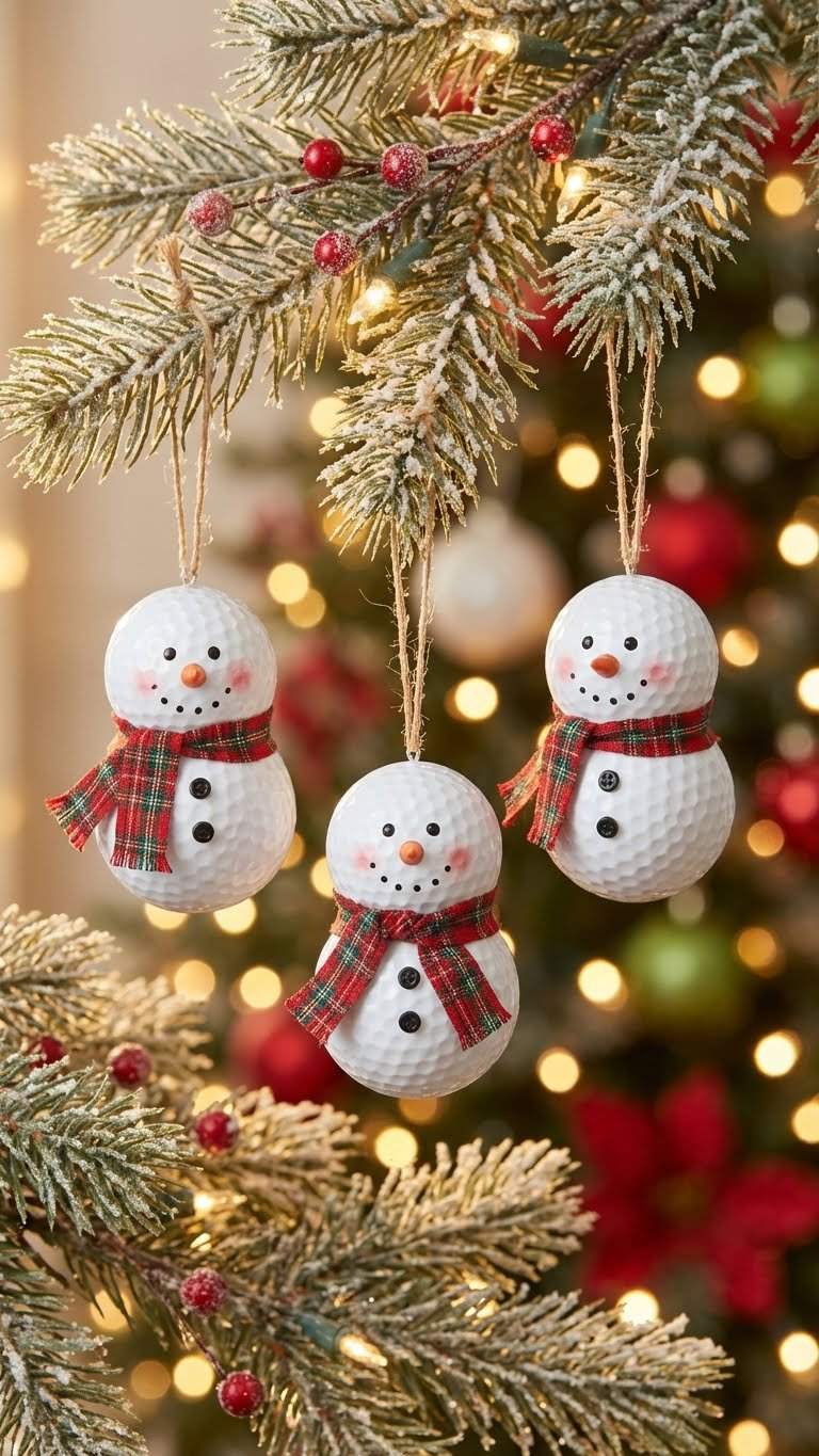 Golf Ball Crafts Projects: 7 Genius Upcycling Ideas Adorable Golf Ball Snowman Ornaments With Rosy Cheeks And Scarves Hanging From A Festive, Lighted Christmas Tree Branch.