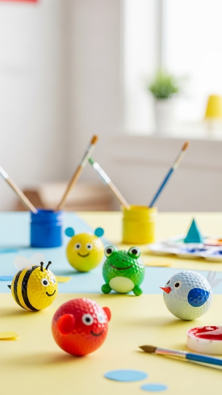 Adorable Painted Golf Ball Animal Friends Like Bees, Frogs, And Birds Display Cheerful Details On A Bright Surface In A Playroom Setting.