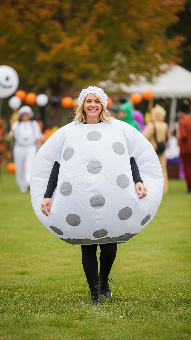 Adult In Inflatable Golf Ball Costume Walking Confidently At Outdoor Halloween Party With Festive Decorations