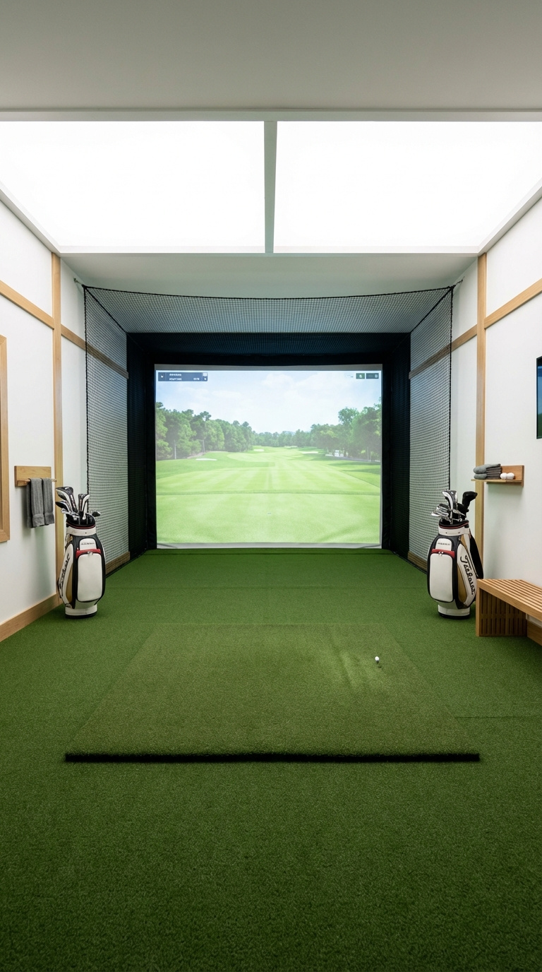 Golf Simulator Room Layout Guide For Perfect Space Planning Amphidextrous Golf Simulator Room With Extra-Wide Screen And Central Hitting Mat For Left And Right-Handed Players