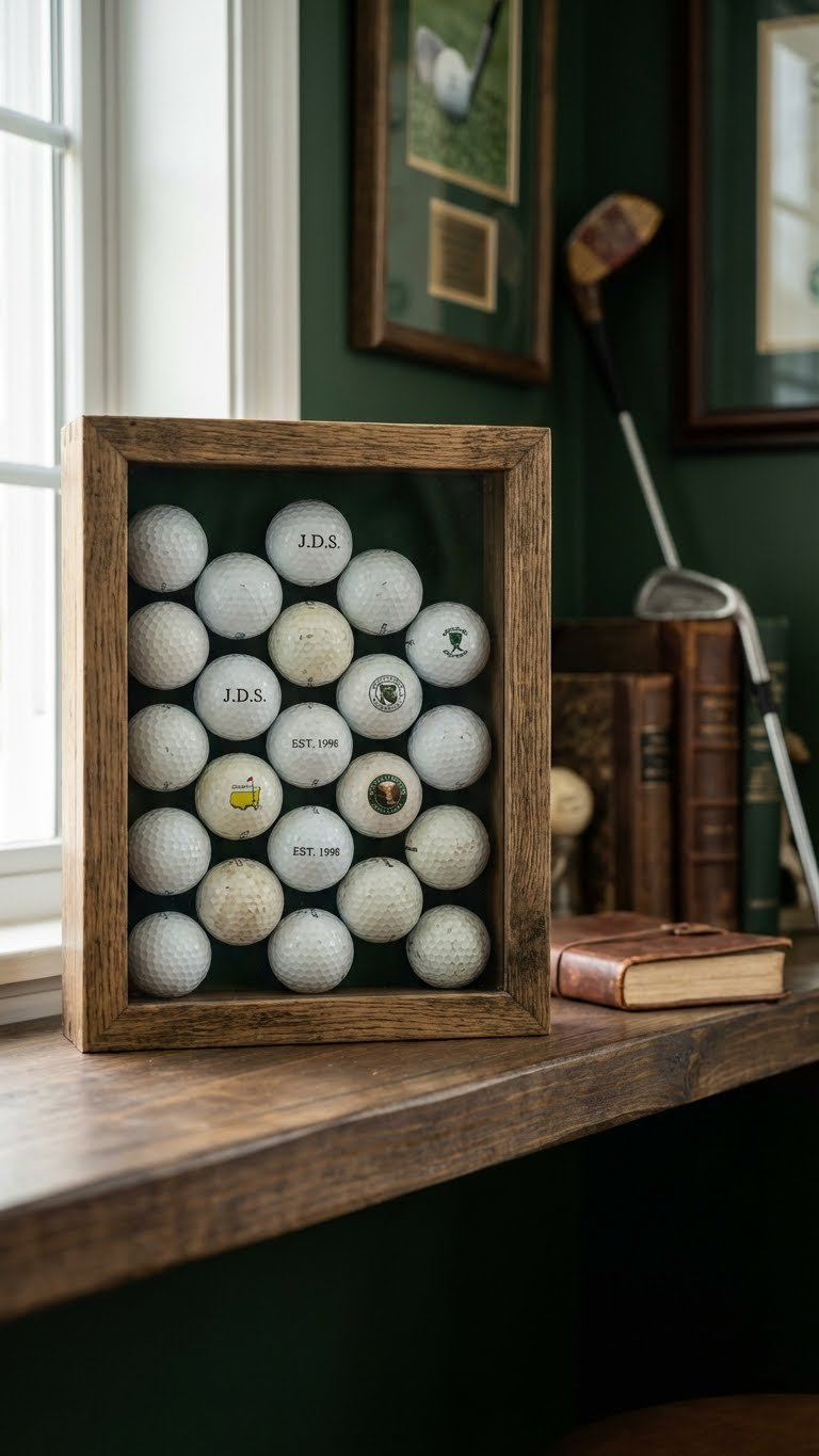 9 Proven Golf Ball Crafts For Dad: Essential Diy Gifts An Elegant Golf Ball Display In A Rustic Wooden Shadow Box Showcases A Cherished Collection Of Golf Balls.
