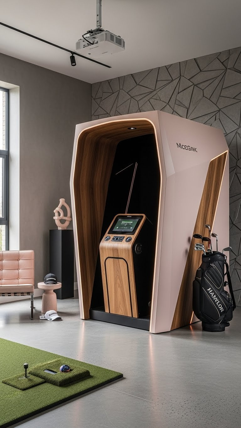 Architectural Statement Golf Simulator With Custom Wooden Frame And Integrated Lighting In Refined Modern Room
