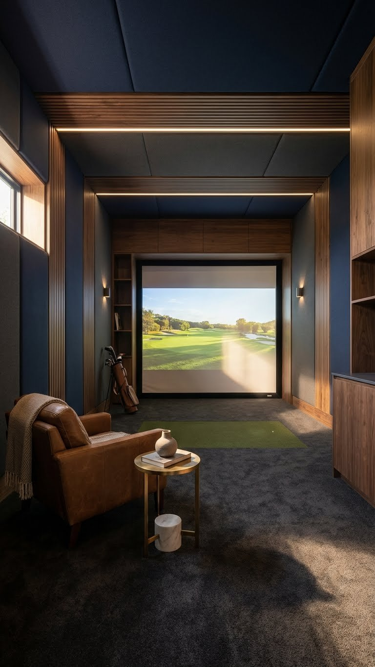 Architecturally Stunning, Sound-Treated Golf Simulator Room Interior Featuring Acoustic Panels, Recessed Lighting, And A High-Resolution Golf Projection On An Impact Screen.