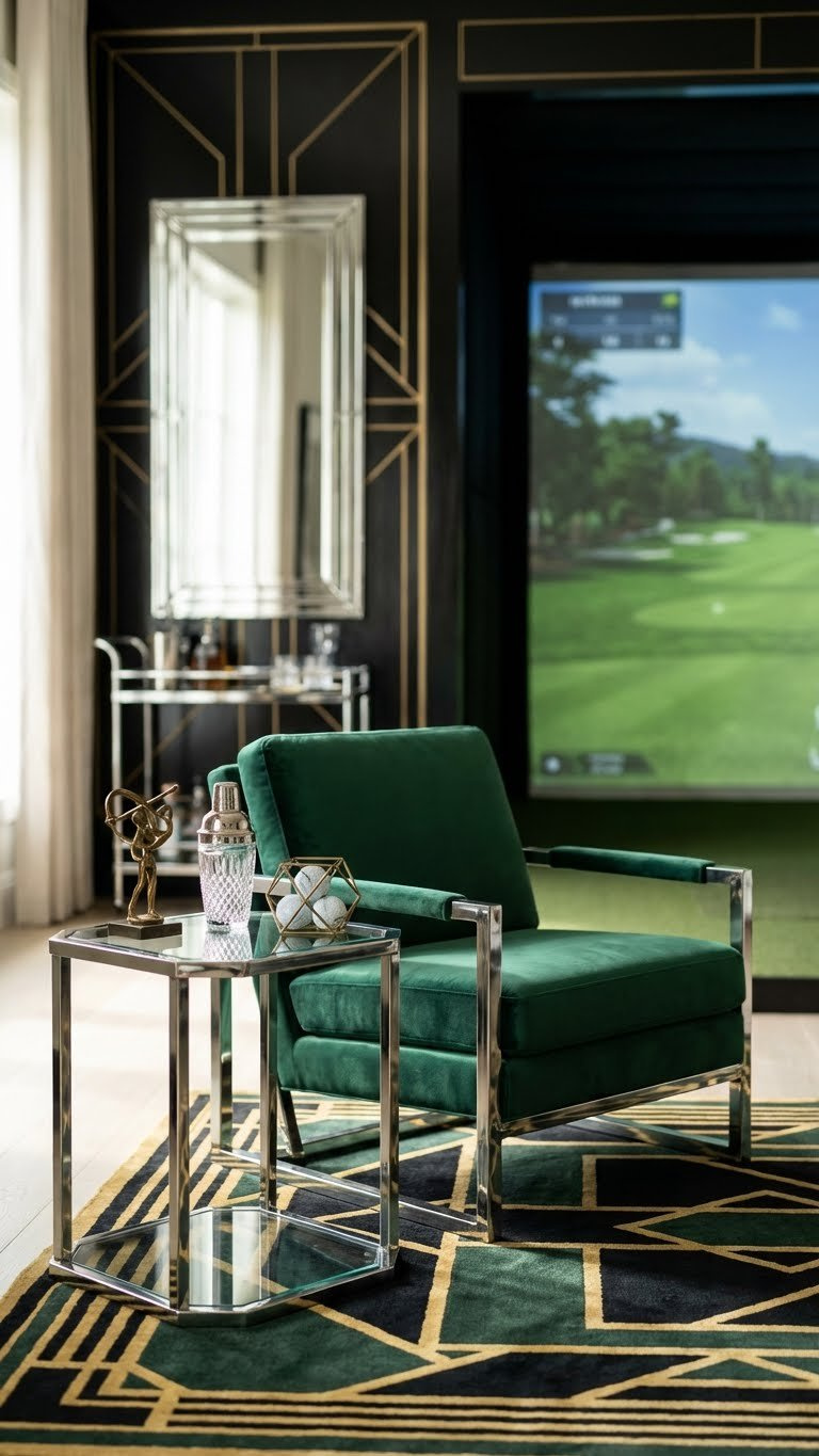 Art Deco Golf Simulator With Emerald Velvet Armchair, Chrome Table, Geometric Rug, And Modern Golf Screen, Elegantly Lit.