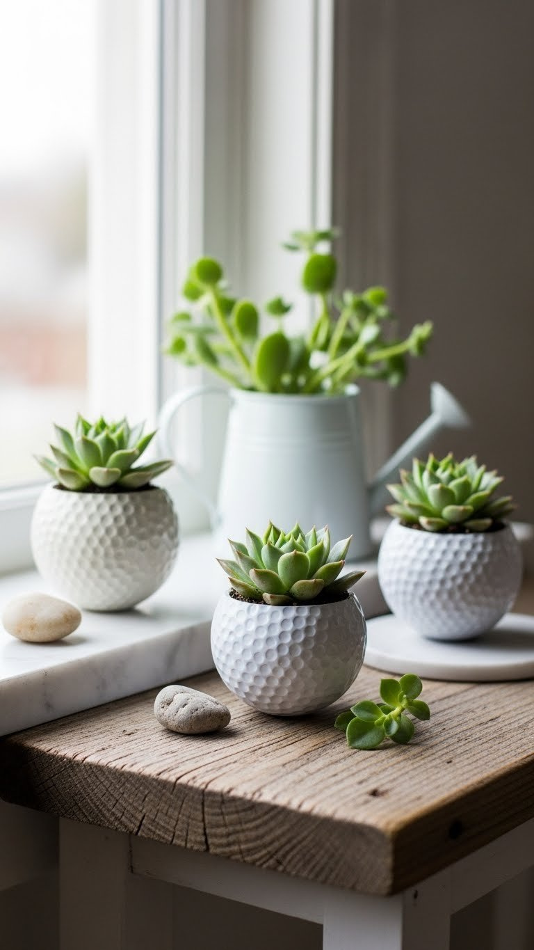 Golf Ball Upcycle: 11 Stunning Crafts &Amp; Garden Projects Artistic Golf Ball Planters Holding Vibrant Succulents Arranged On Weathered Wooden Windowsill In Soft Natural Light.