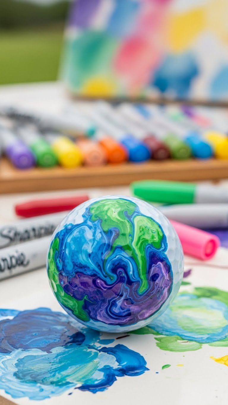 Artistic Golf Ball With Colorful Swirl Marble Effect Created With Multiple Sharpie Colors On White Ceramic Tile Background.
